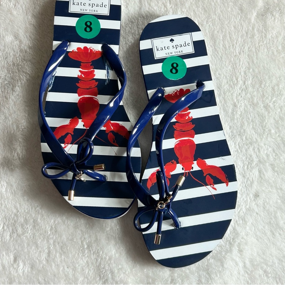 Kate Spade Navy and White Striped Flip Flop Sandals with Red Lobster Size 8 - Picture 6 of 6